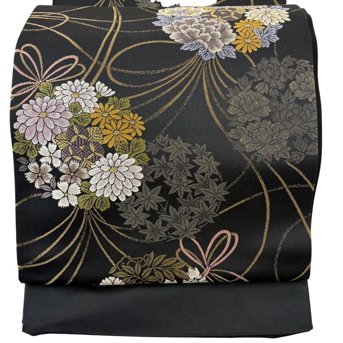 【美品】 袋帶 名品級 有落款 有證書 花束 蝴蝶結 金絲 黑 六通 純蠶絲