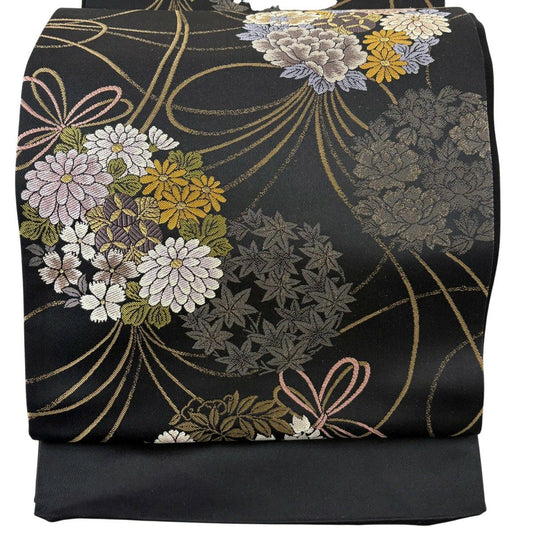 【美品】 袋帶 名品級 有落款 有證書 花束 蝴蝶結 金絲 黑 六通 純蠶絲