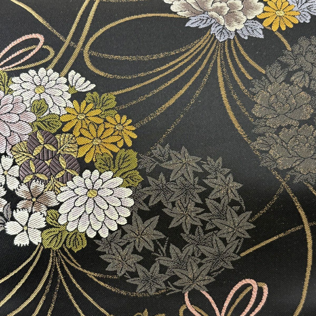 【美品】 袋帶 名品級 有落款 有證書 花束 蝴蝶結 金絲 黑 六通 純蠶絲