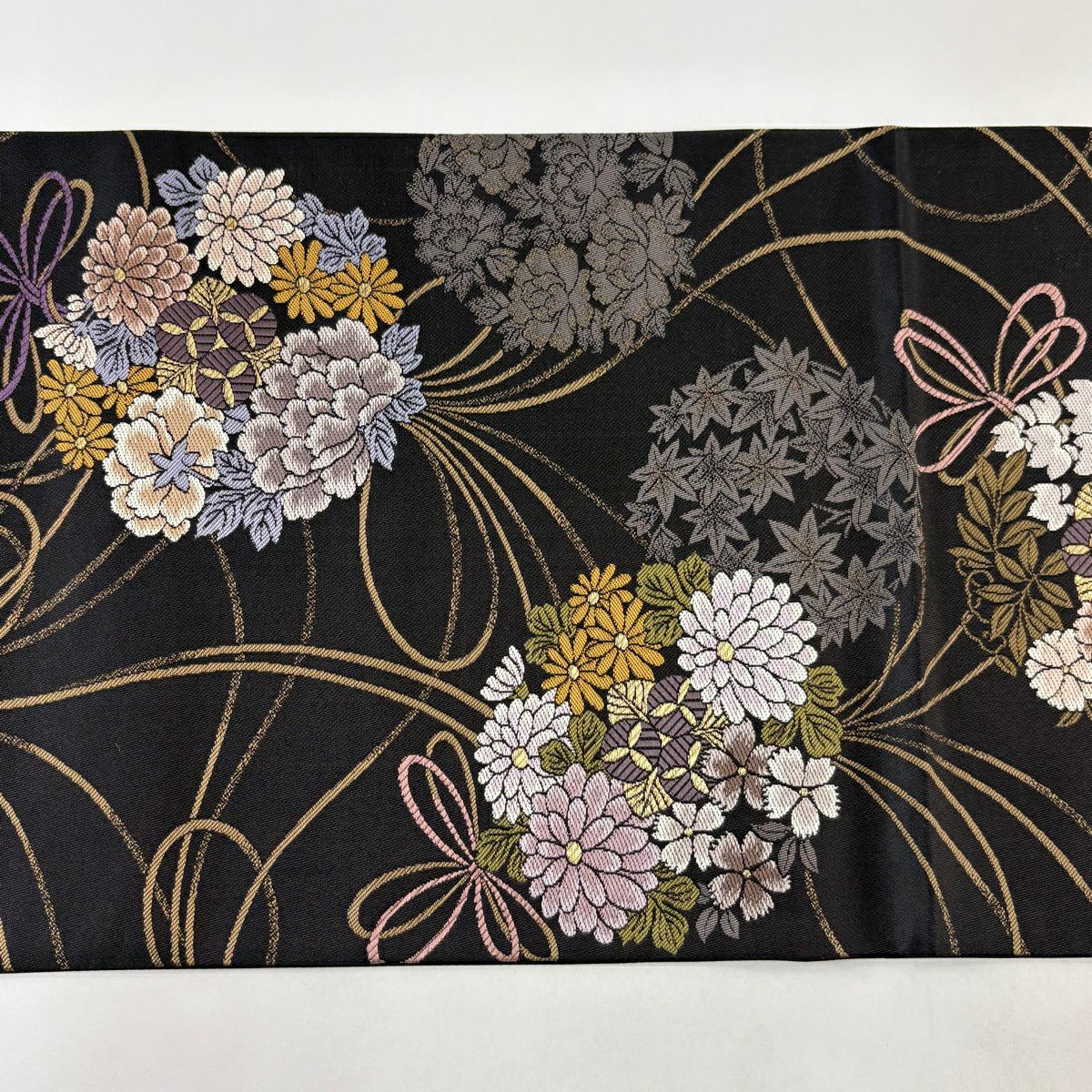 【美品】 袋帶 名品級 有落款 有證書 花束 蝴蝶結 金絲 黑 六通 純蠶絲