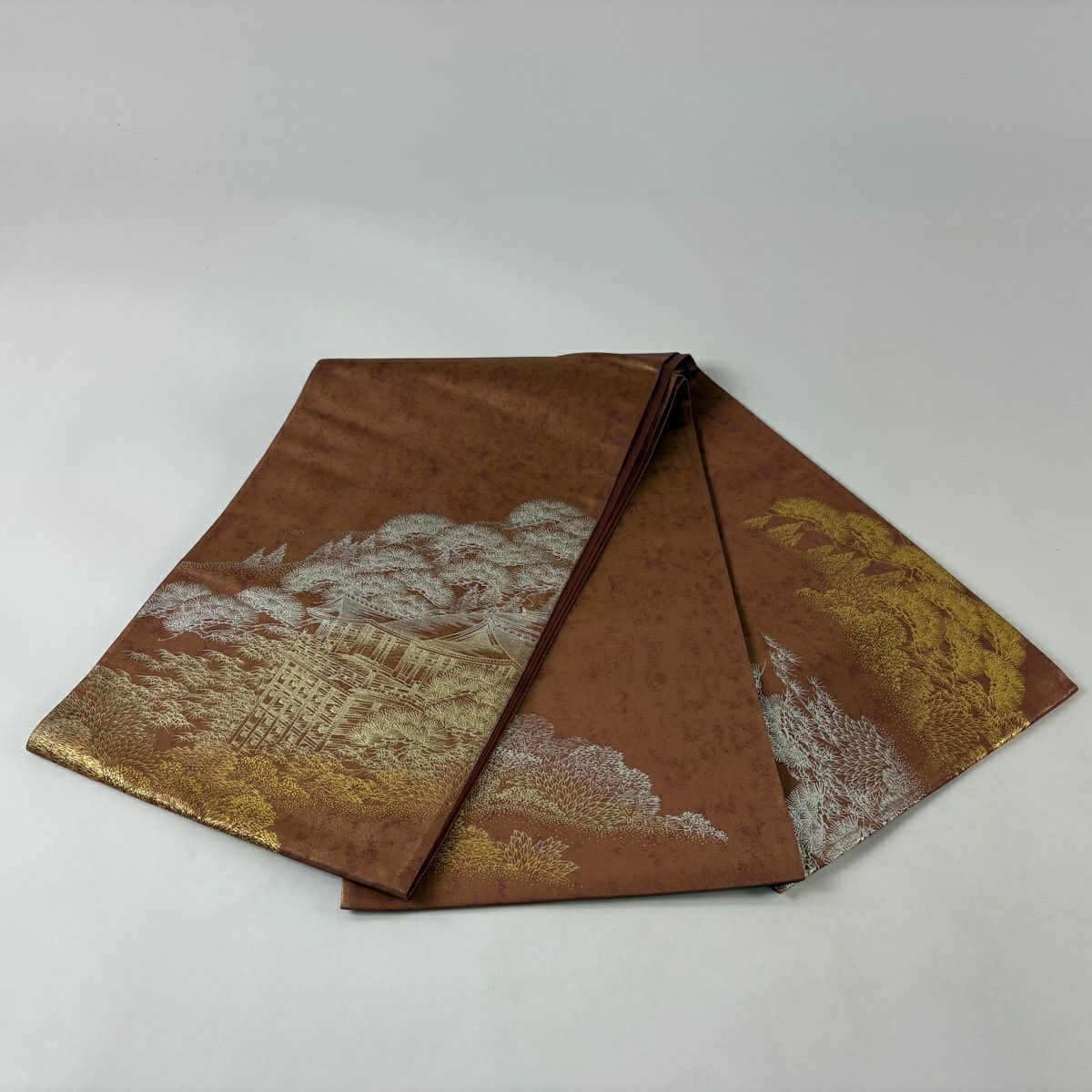 袋帶 名品級 和田光正 落款あり 建物 松樹 金銀彩 金金箔 茶 お太鼓柄 純蠶絲