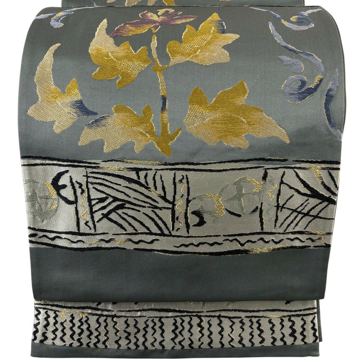 【美品】 袋帶 名品級 草花紋 幾何圖案 金絲 灰綠 六通 純蠶絲