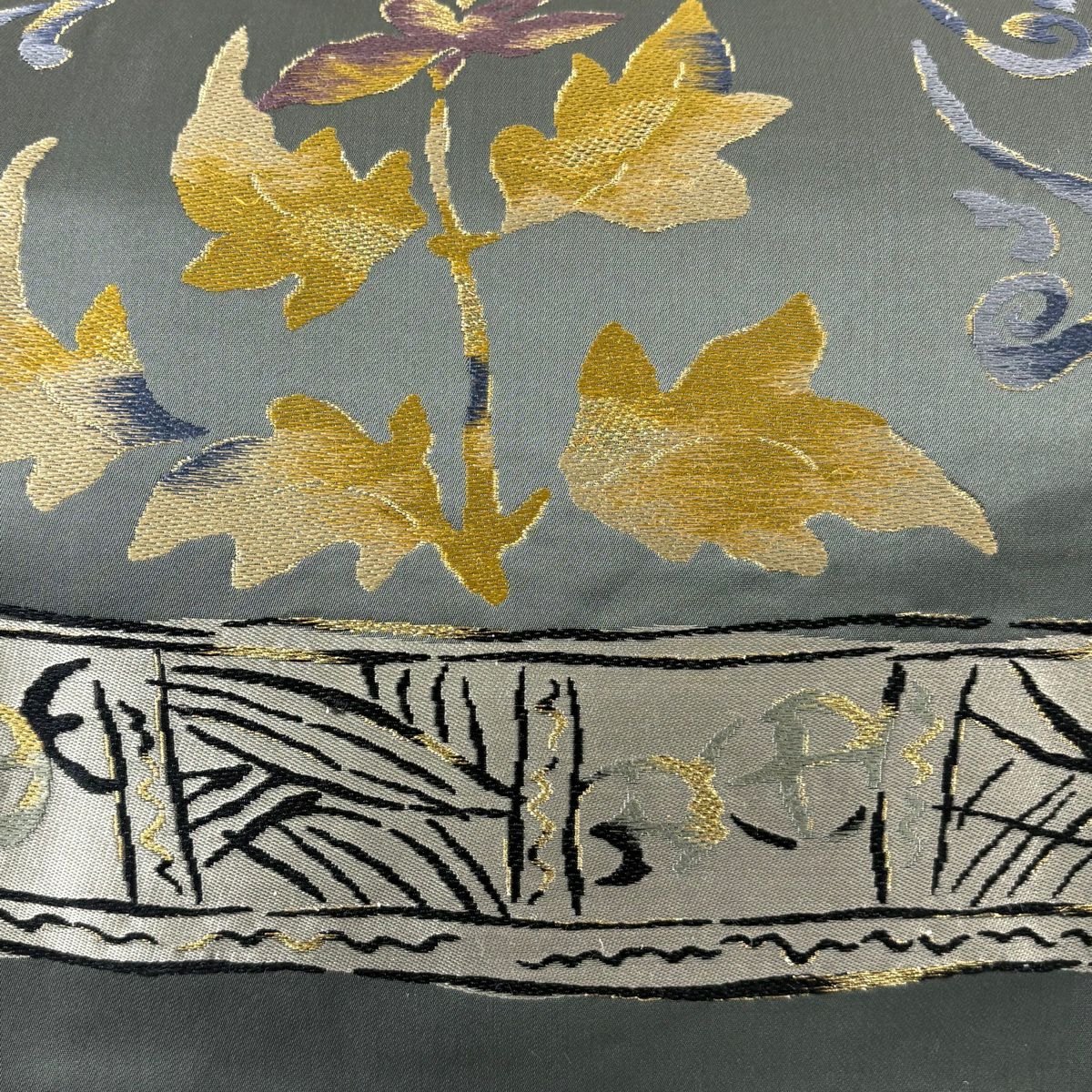 【美品】 袋帶 名品級 草花紋 幾何圖案 金絲 灰綠 六通 純蠶絲