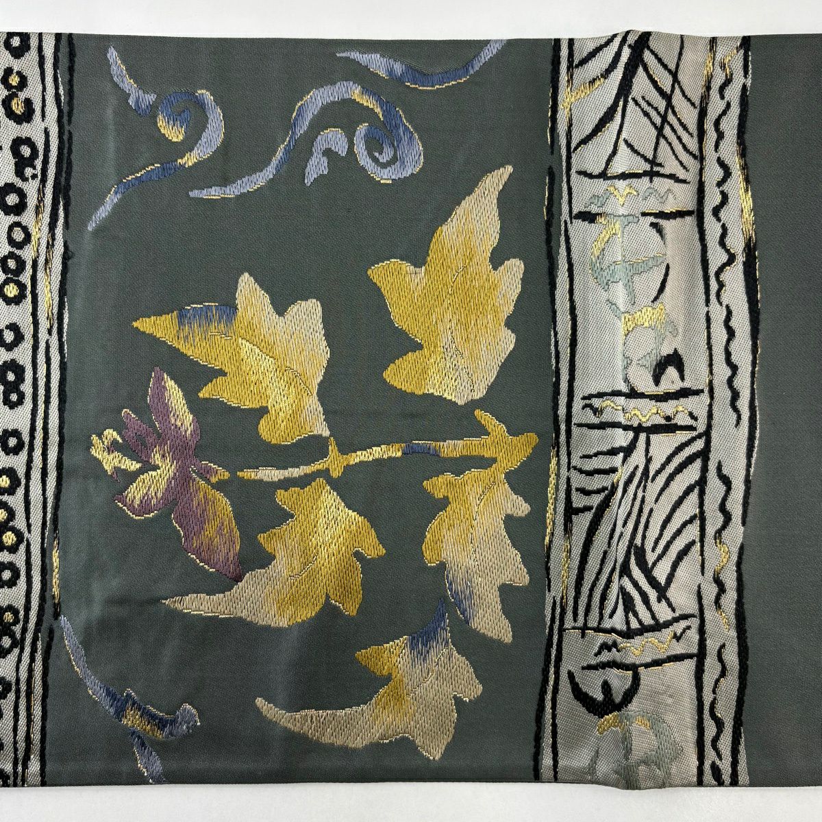 【美品】 袋帶 名品級 草花紋 幾何圖案 金絲 灰綠 六通 純蠶絲