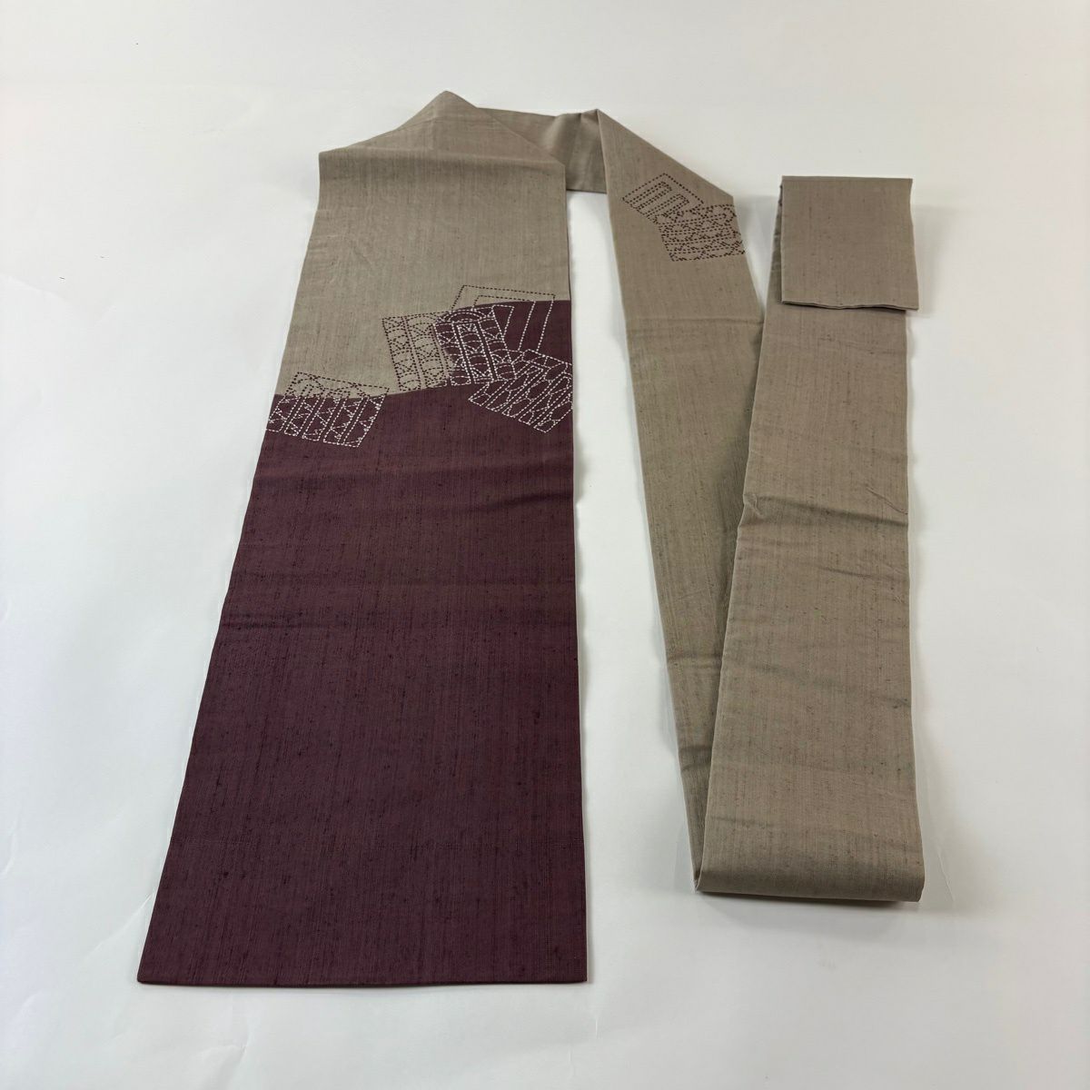 名古屋帶 名品級 紬織織 源氏香 刺繡 染分 灰茶 純蠶絲