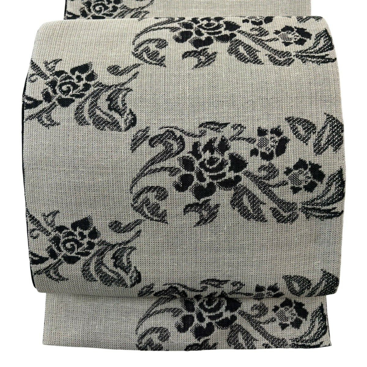 【美品】 名古屋帶 名品級 八寸名古屋帶 松樹葉仕立 花唐草紋 米色 純蠶絲