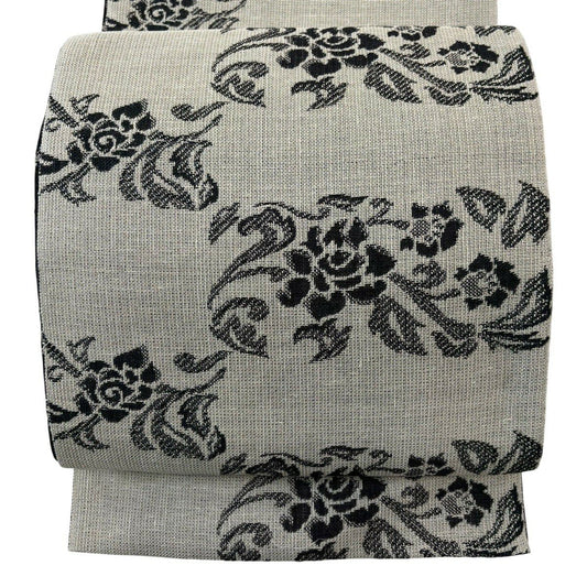 【美品】 名古屋帶 名品級 八寸名古屋帶 松樹葉仕立 花唐草紋 米色 純蠶絲