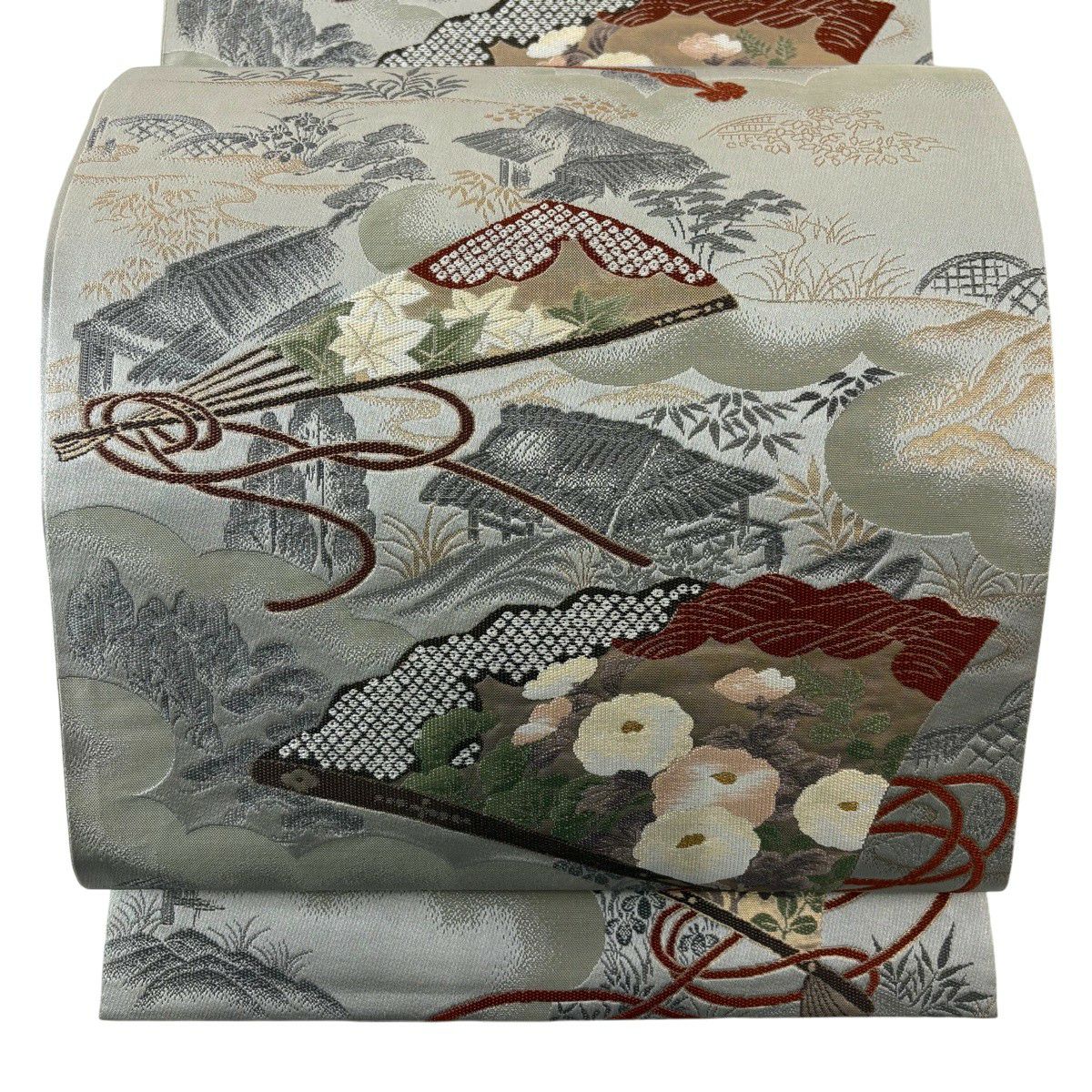 【美品】 袋帶 名品級 貝島春美 落款あり 綺麗 扇子 菊花 金金箔 灰色 六通 純蠶絲