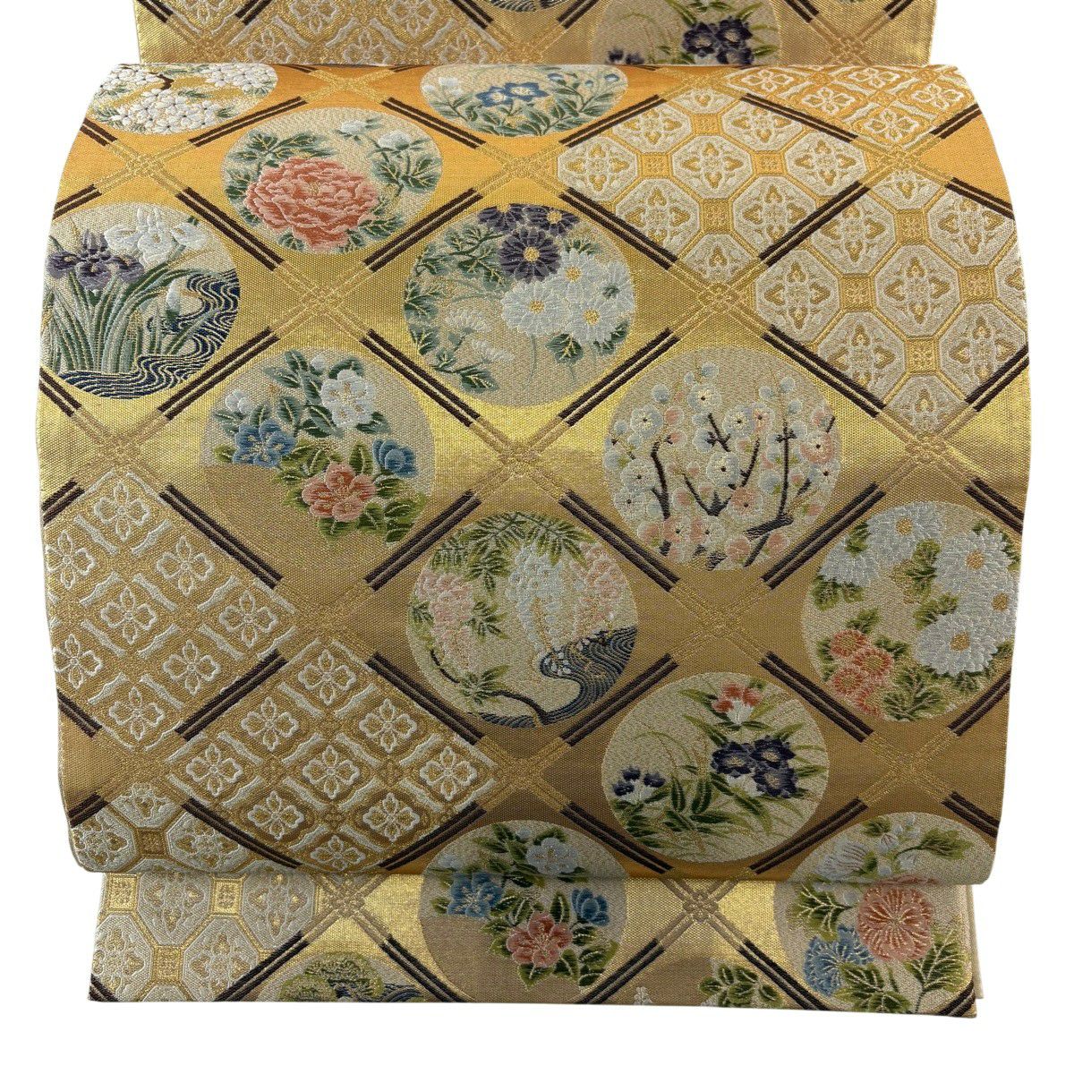 【美品】 袋帶 名品級 鈴乃屋 菱天井 草花紋 金糸 金金箔 金色 六通 純蠶絲