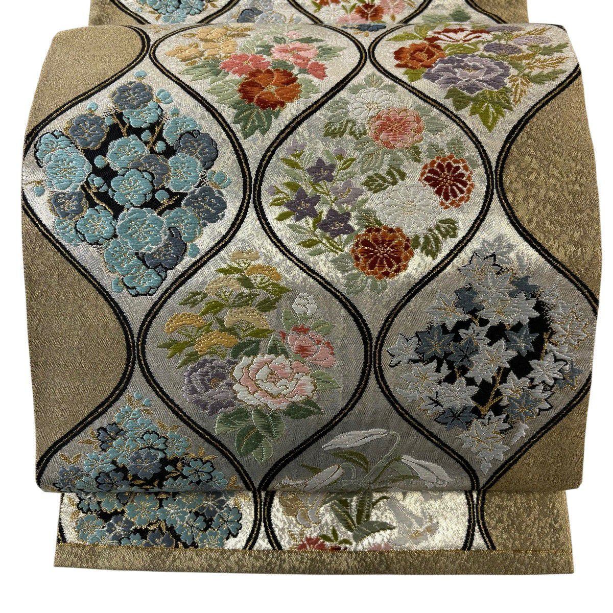 【美品】 袋帶 名品級 草花紋紋 梅花 金絲 金金箔 銀 六通 純蠶絲