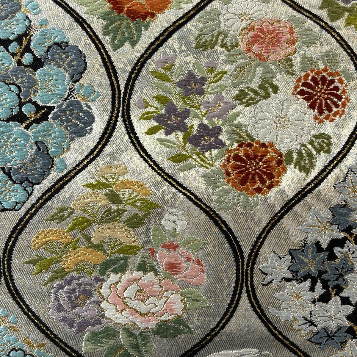 【美品】 袋帶 名品級 草花紋紋 梅花 金絲 金金箔 銀 六通 純蠶絲