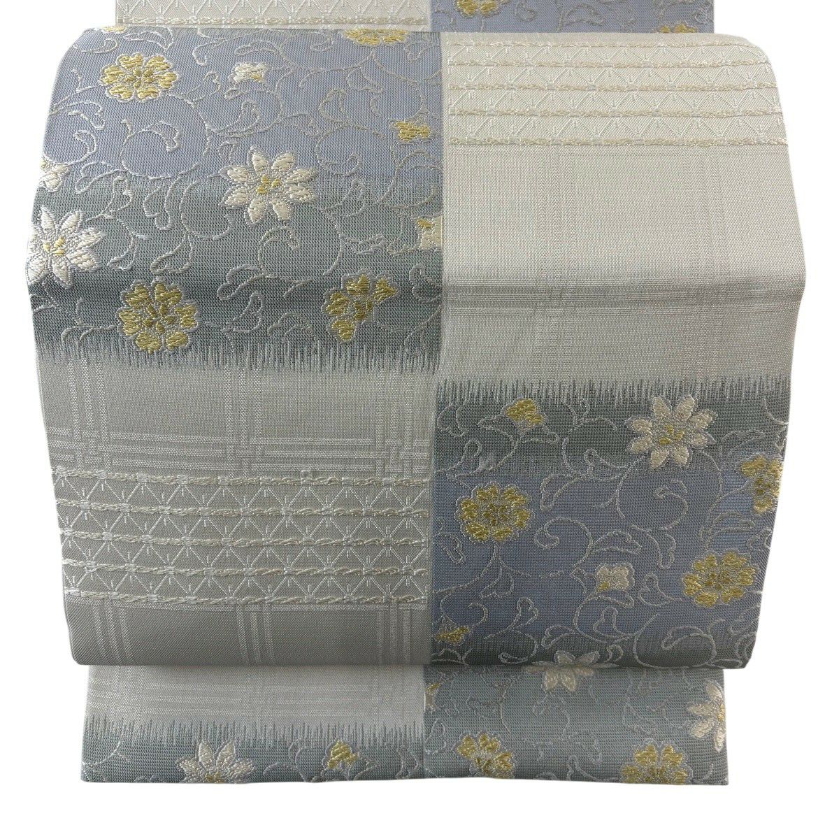 【美品】 袋帶 名品級 花唐草紋 縞 金絲 灰色 六通 純蠶絲