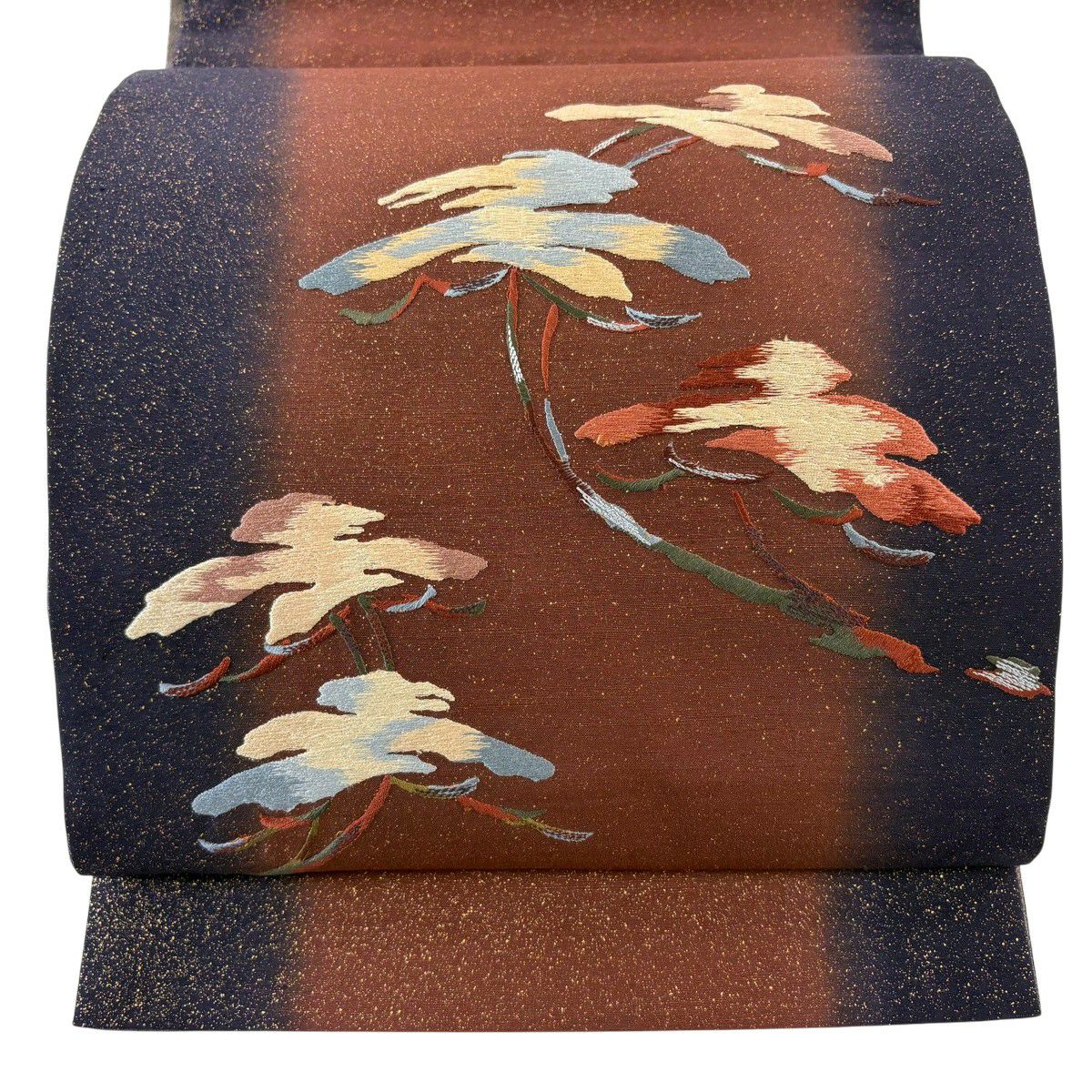 【美品】 袋帶 名品級 證書齊全 大島紬織地 笠松樹 刺繡 金彩裝飾 茶