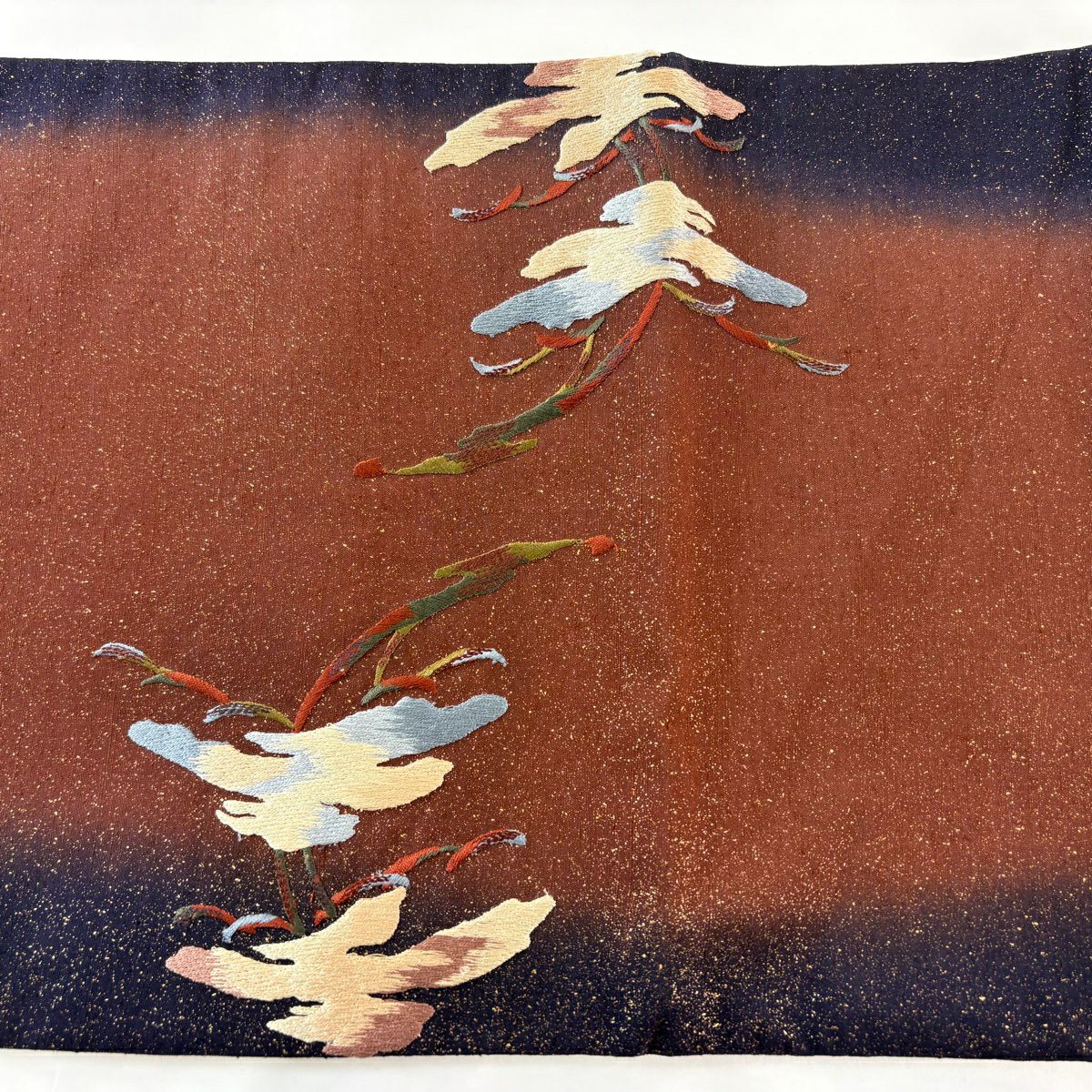 【美品】 袋帶 名品級 證書齊全 大島紬織地 笠松樹 刺繡 金彩裝飾 茶