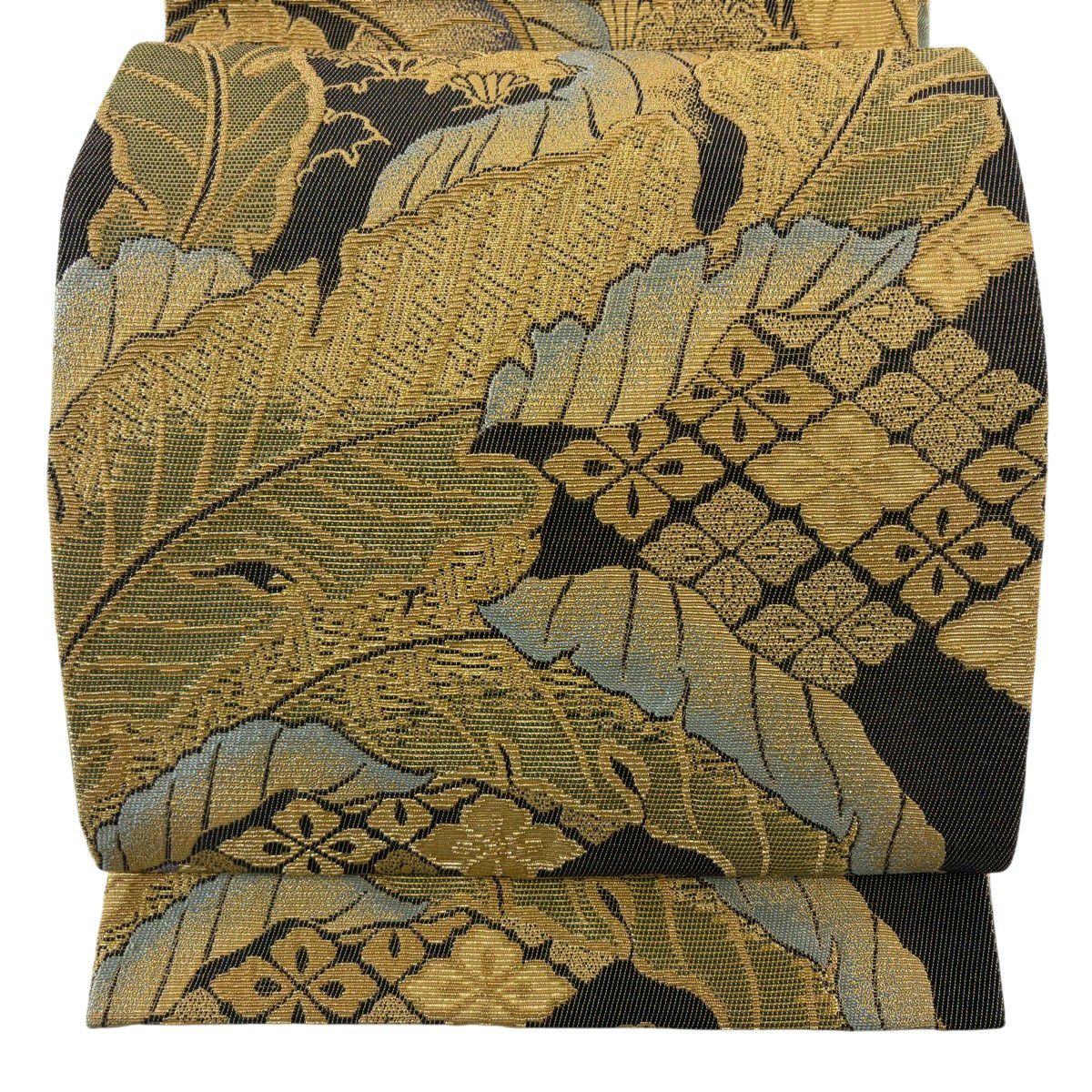 【美品】 袋帶 名品級 葉柄 花菱 輪奈織 山吹茶 純蠶絲