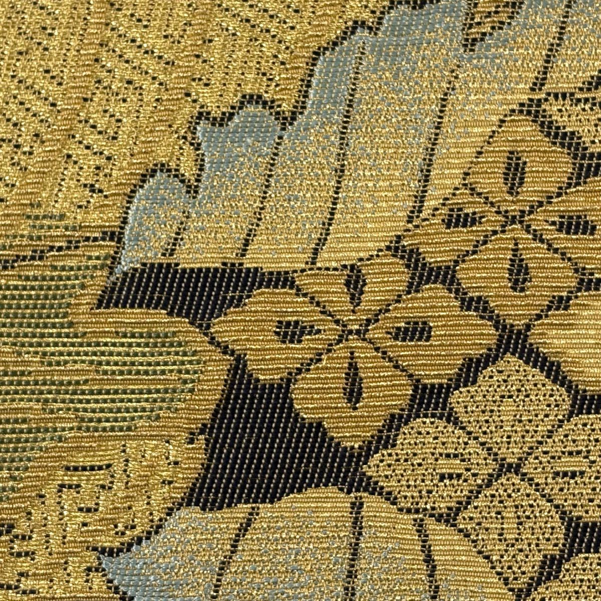 【美品】 袋帶 名品級 葉柄 花菱 輪奈織 山吹茶 純蠶絲