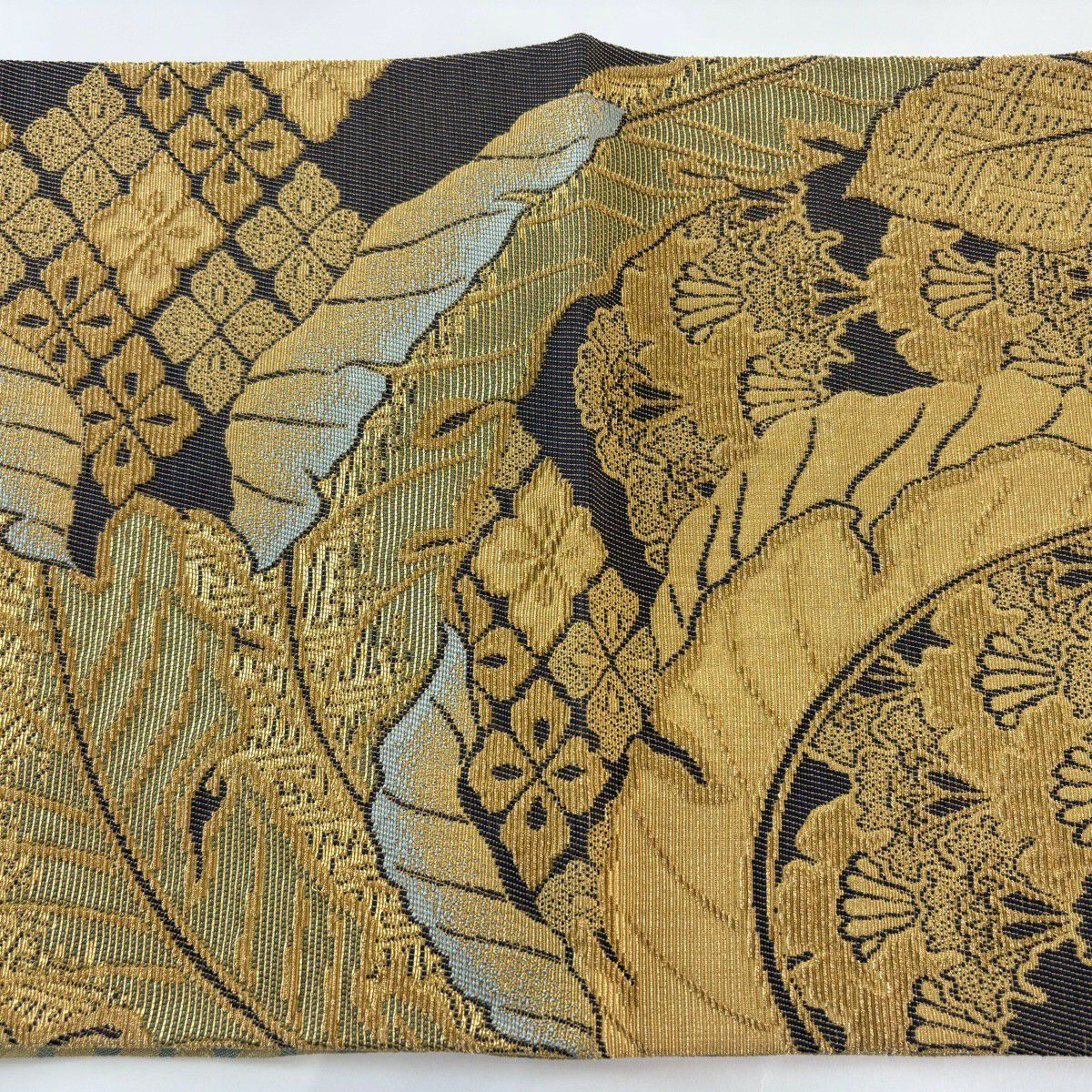 【美品】 袋帶 名品級 葉柄 花菱 輪奈織 山吹茶 純蠶絲
