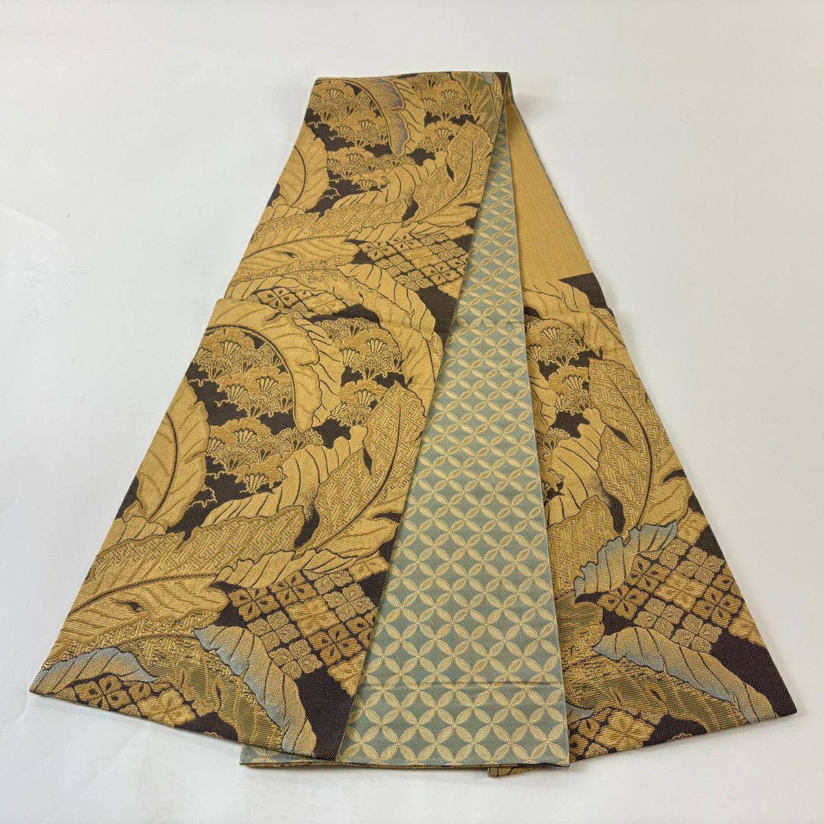 【美品】 袋帶 名品級 葉柄 花菱 輪奈織 山吹茶 純蠶絲