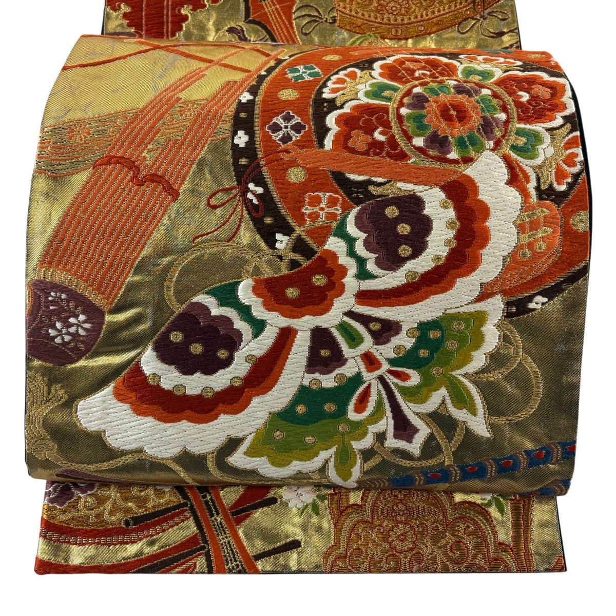 【美品】 袋帶 名品級 河合美術織物 落款あり 和樂器 華紋 唐織 金絲 金 六通 純蠶絲