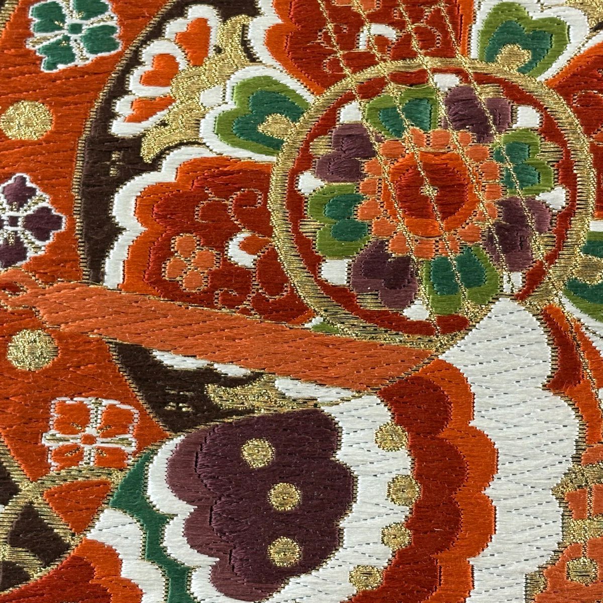 【美品】 袋帶 名品級 河合美術織物 落款あり 和樂器 華紋 唐織 金絲 金 六通 純蠶絲