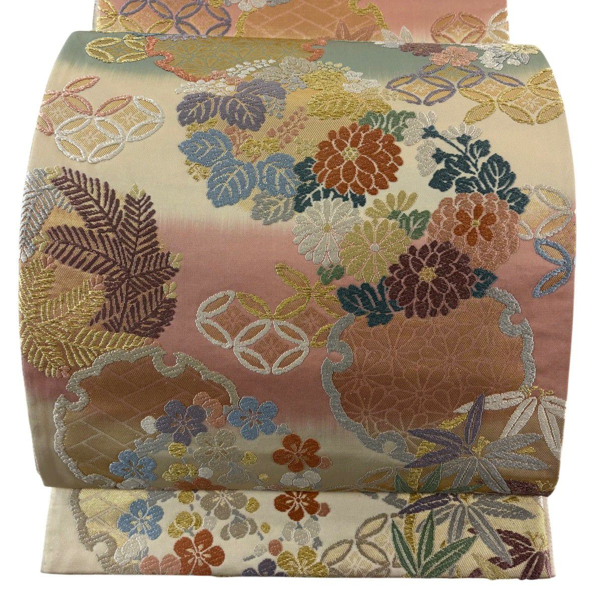 【美品】 袋帶 名品級 雪輪 花丸紋 唐織 金絲 奶油色 六通 純蠶絲