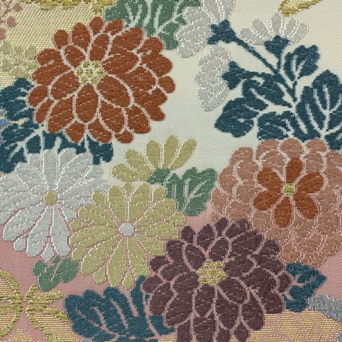 【美品】 袋帶 名品級 雪輪 花丸紋 唐織 金絲 奶油色 六通 純蠶絲
