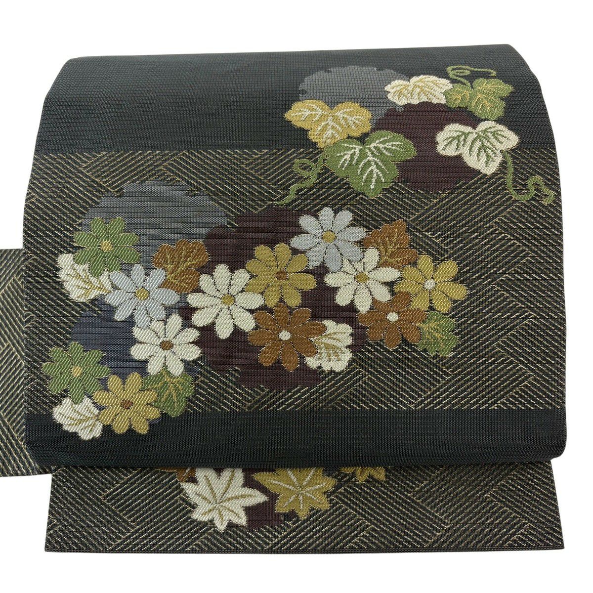 【美品】 名古屋帶 名品級 川島織物 有落款 夏帶 絽 雪輪 草花紋紋 金金箔 墨色 純蠶絲