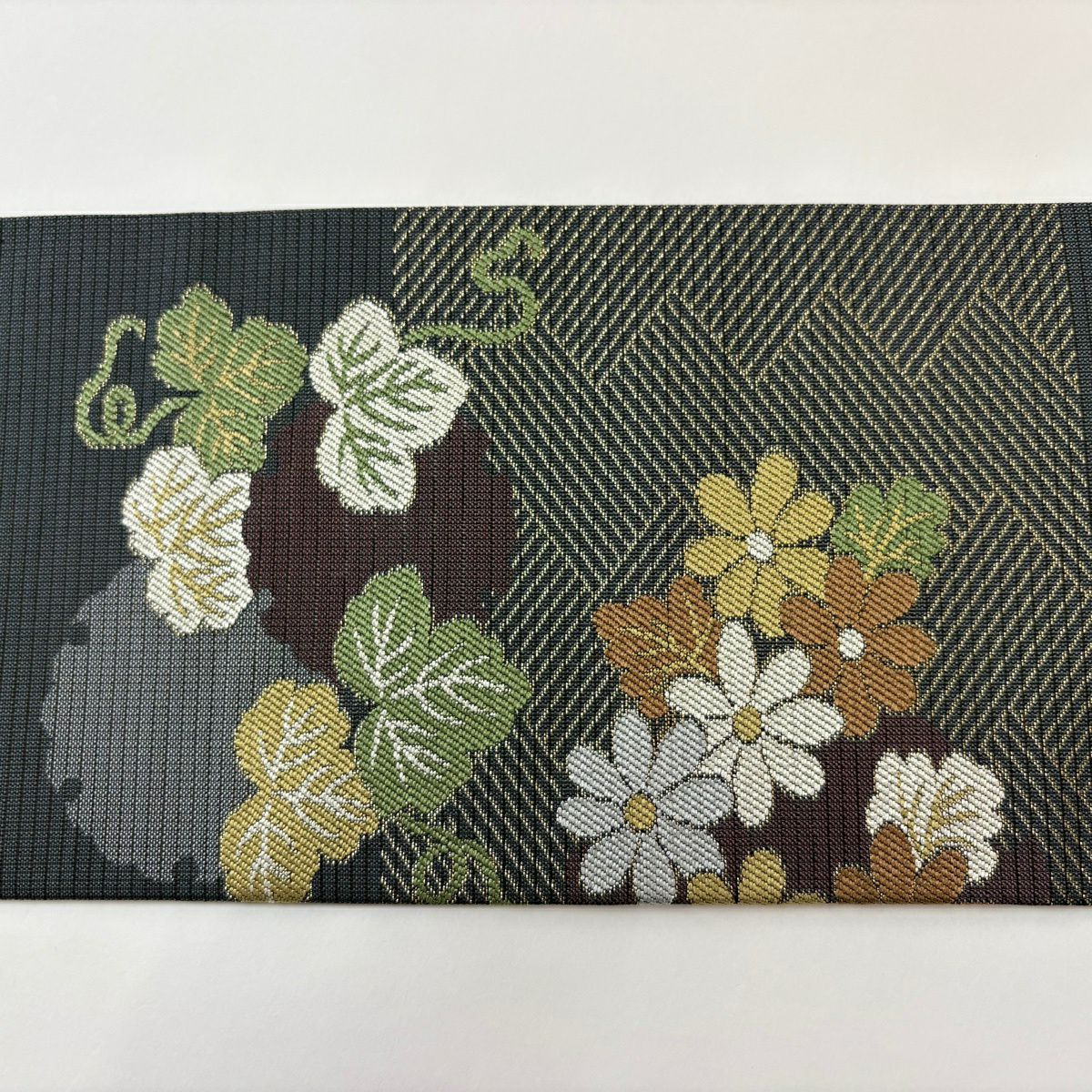 【美品】 名古屋帶 名品級 川島織物 有落款 夏帶 絽 雪輪 草花紋紋 金金箔 墨色 純蠶絲