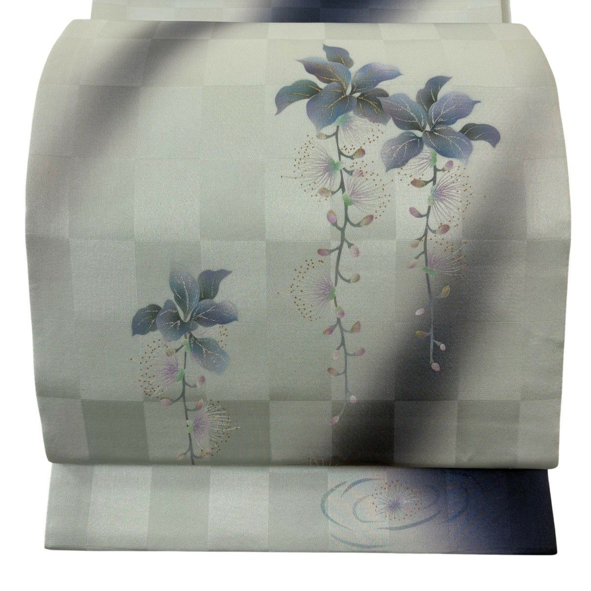 【美品】 袋帶 名品級 附落款 芙蓉庵 草花紋 金銀彩 漸層 水藍色 大鼓圖案 純蠶絲