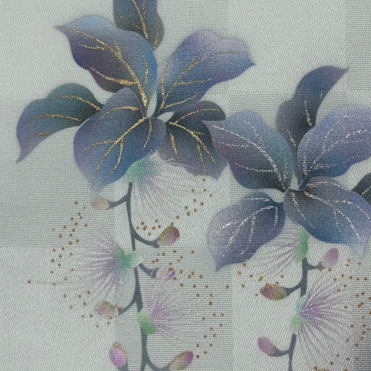 【美品】 袋帶 名品級 附落款 芙蓉庵 草花紋 金銀彩 漸層 水藍色 大鼓圖案 純蠶絲