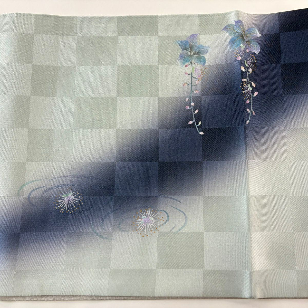 【美品】 袋帶 名品級 附落款 芙蓉庵 草花紋 金銀彩 漸層 水藍色 大鼓圖案 純蠶絲