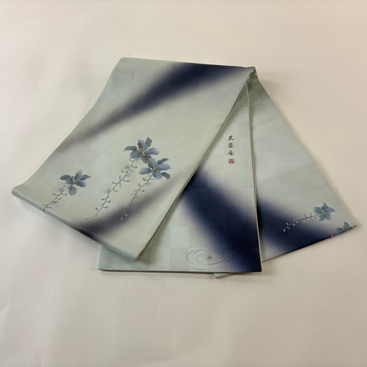 【美品】 袋帶 名品級 附落款 芙蓉庵 草花紋 金銀彩 漸層 水藍色 大鼓圖案 純蠶絲