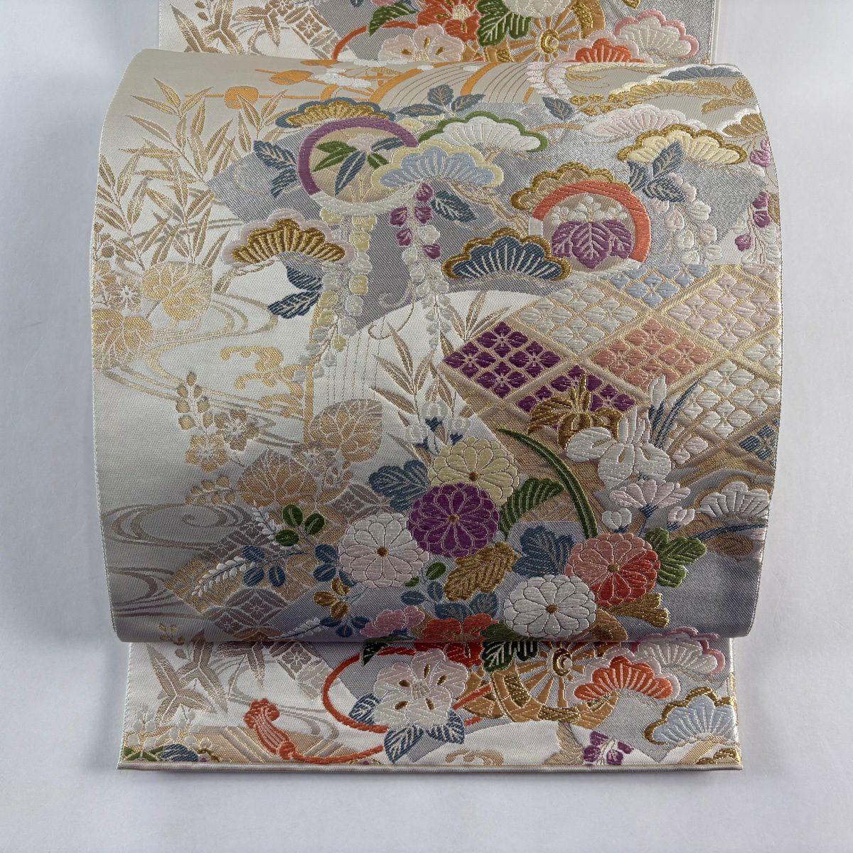 【美品】 袋帶 秀品級 彩珠小袖 花車 扇子面 刺繡 金銀彩 灰茶 六通 純蠶絲