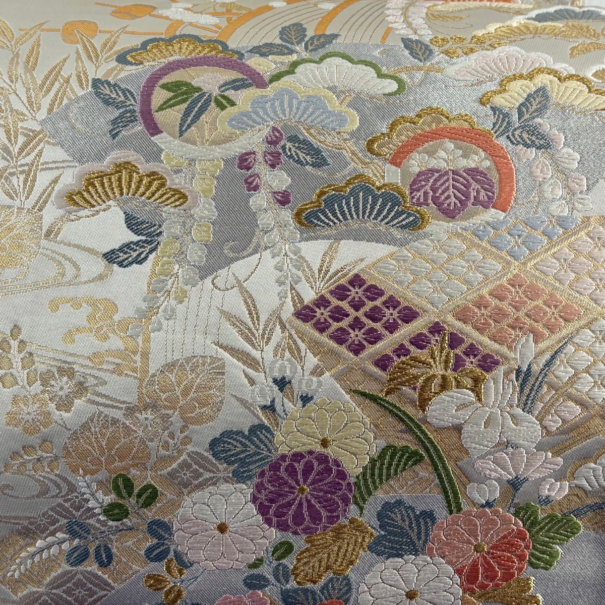 【美品】 袋帶 秀品級 彩珠小袖 花車 扇子面 刺繡 金銀彩 灰茶 六通 純蠶絲
