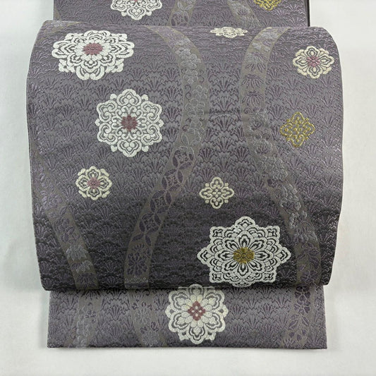 袋帶 秀品級 立涌 華紋 刺繡 金絲 灰紫 六通 純蠶絲