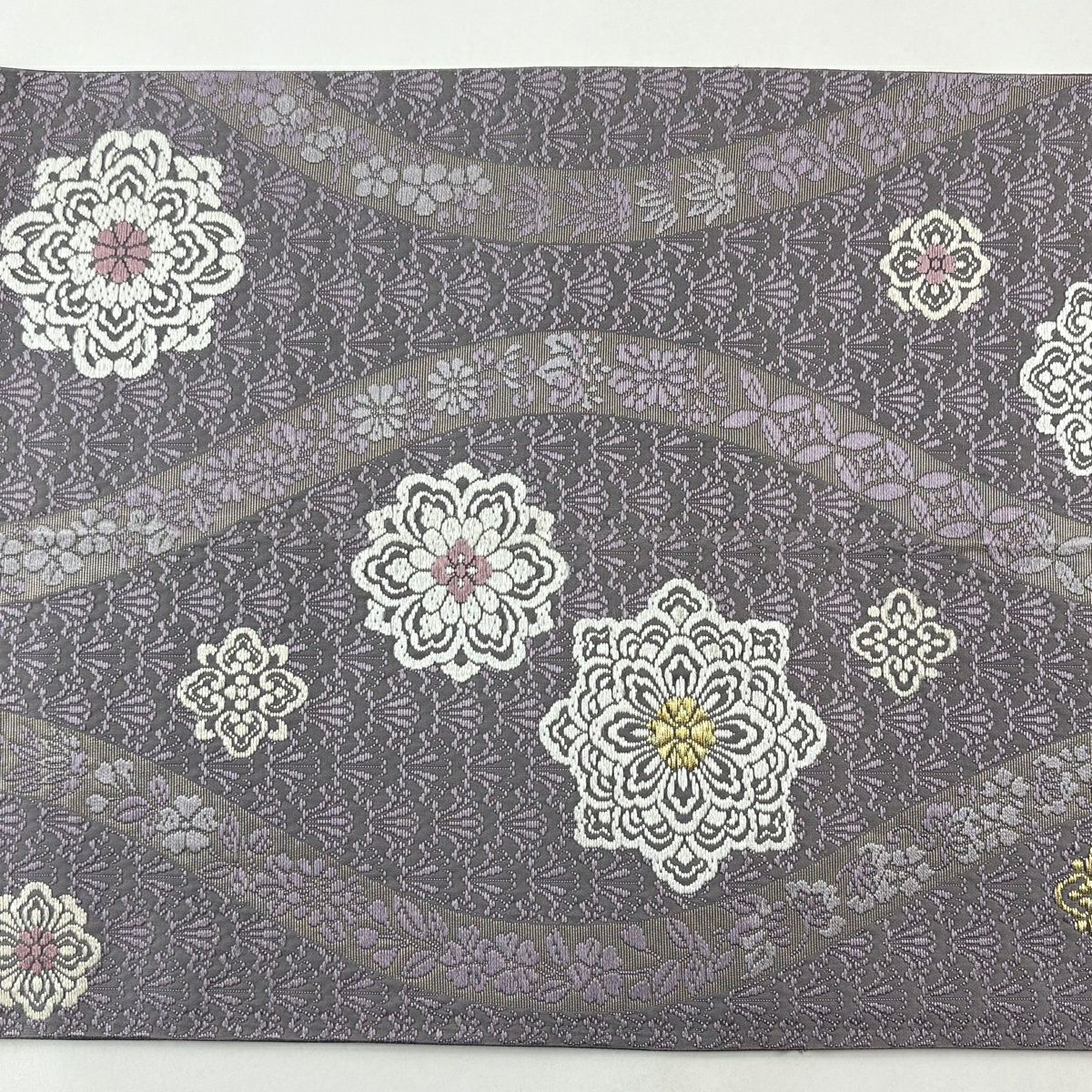 袋帶 秀品級 立涌 華紋 刺繡 金絲 灰紫 六通 純蠶絲
