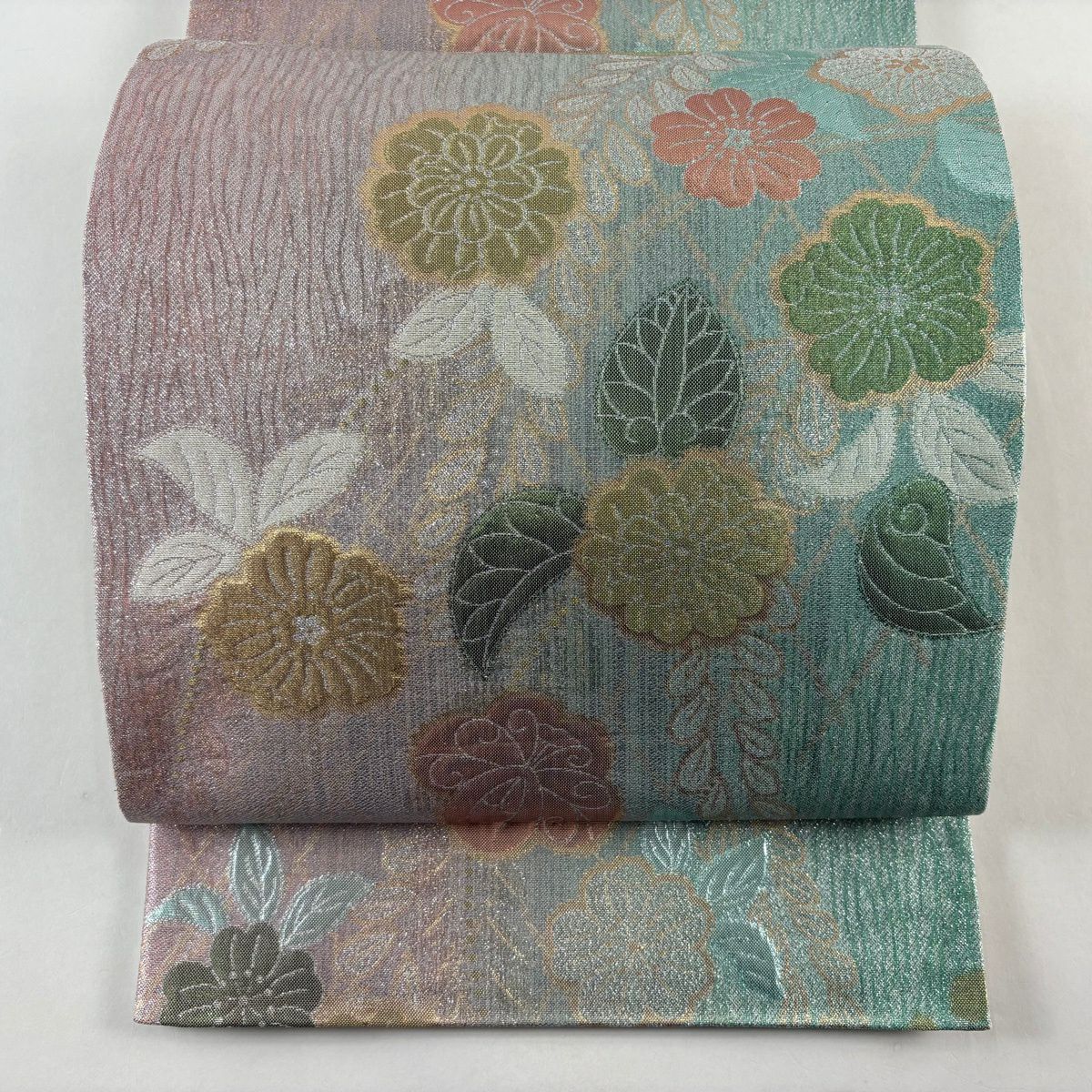 【美品】 袋帶 秀品級 辻花染圖案 金絲 金金箔 淺綠 六通 純蠶絲