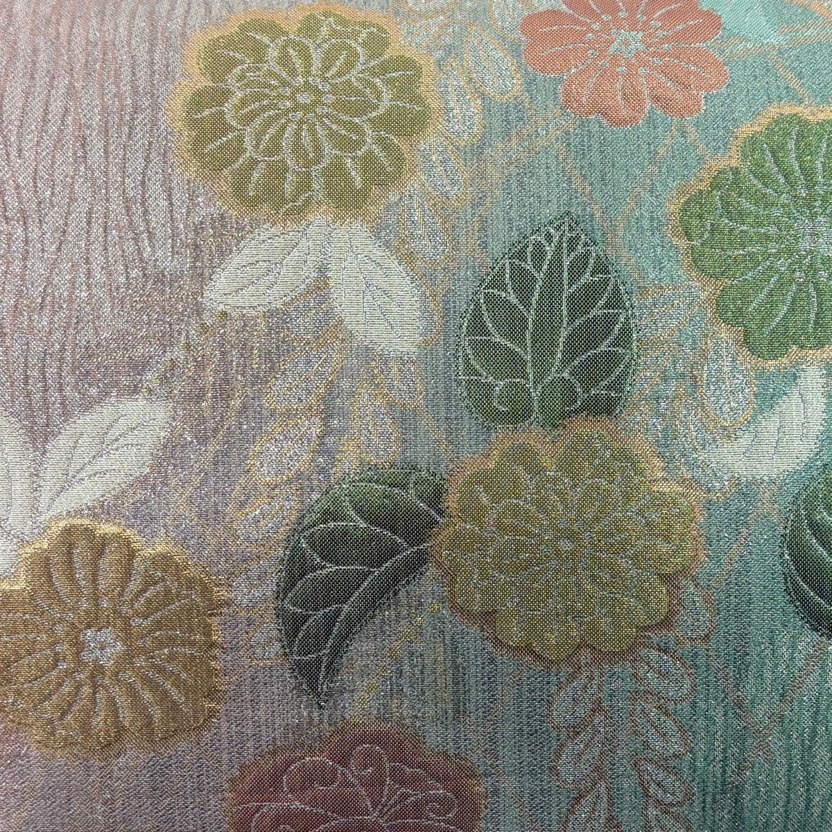【美品】 袋帶 秀品級 辻花染圖案 金絲 金金箔 淺綠 六通 純蠶絲