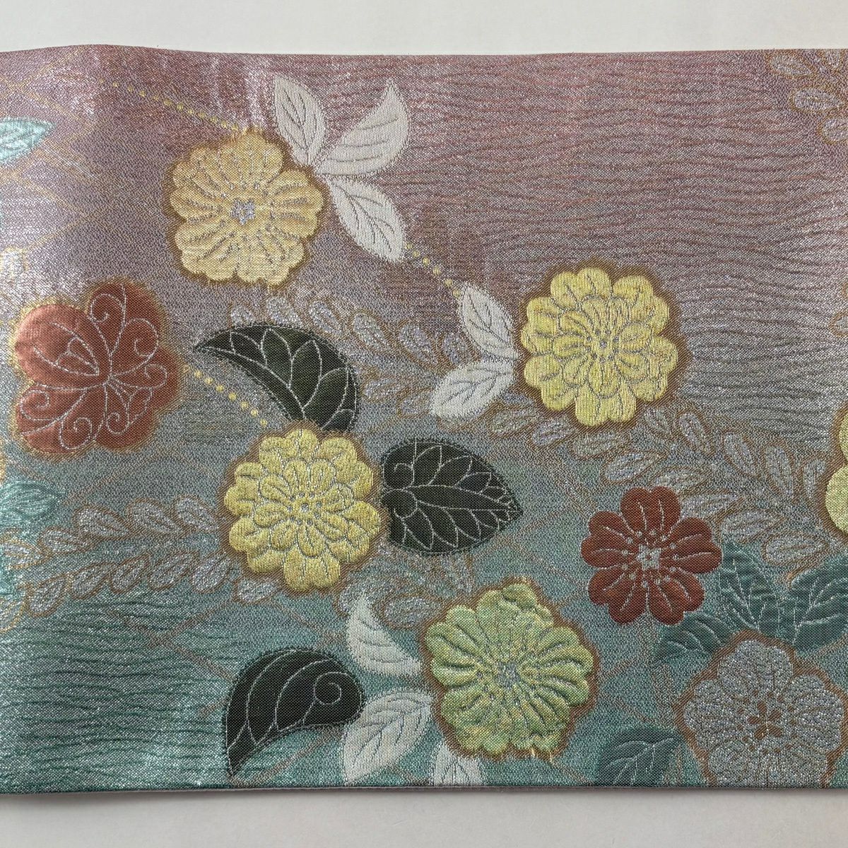 【美品】 袋帶 秀品級 辻花染圖案 金絲 金金箔 淺綠 六通 純蠶絲