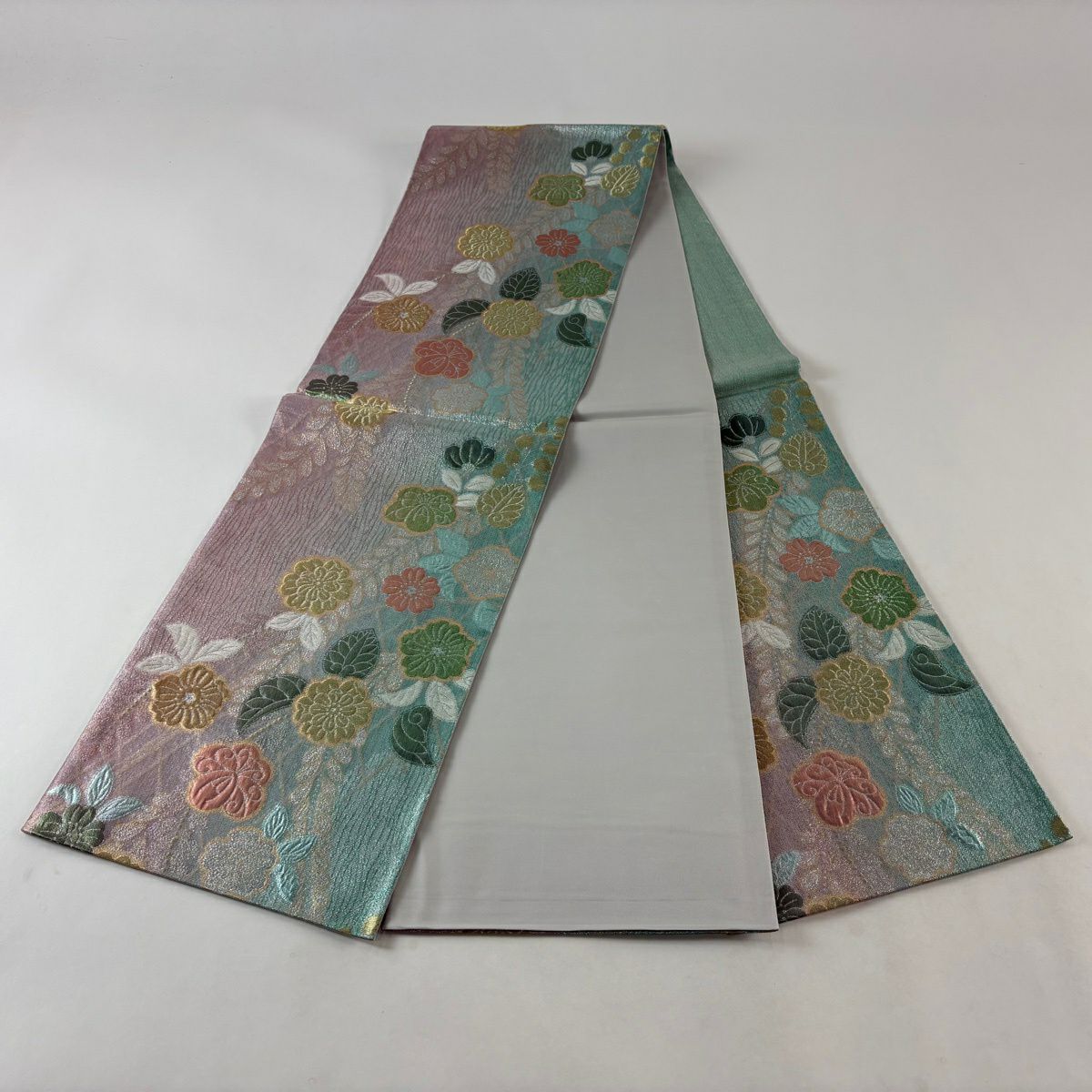 【美品】 袋帶 秀品級 辻花染圖案 金絲 金金箔 淺綠 六通 純蠶絲
