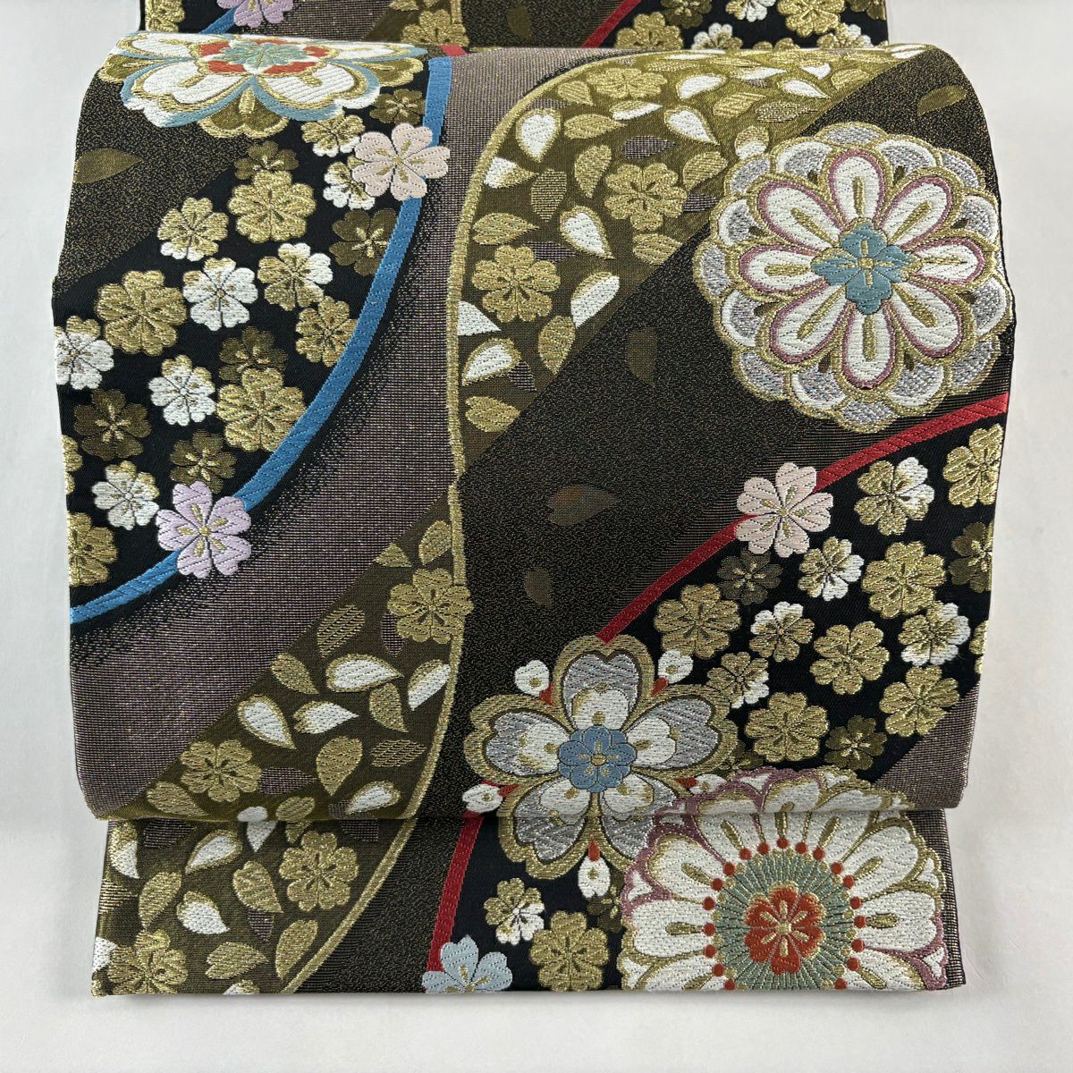 【美品】 袋帶 秀品級 華紋 櫻花 刺繡 金銀彩 黑 六通 純蠶絲