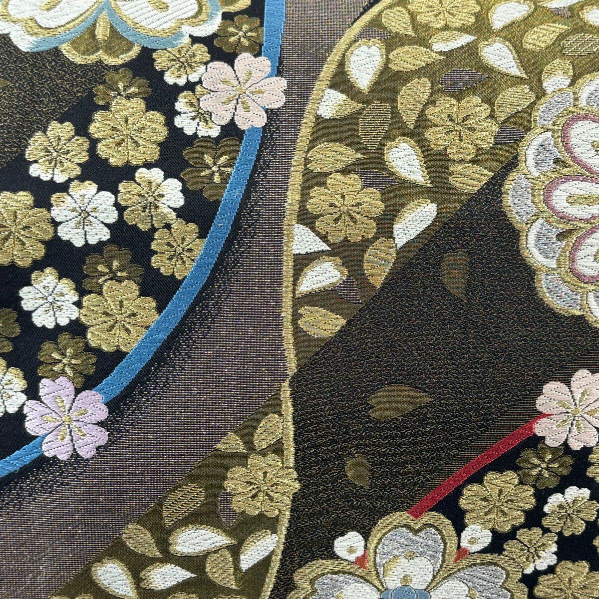 【美品】 袋帶 秀品級 華紋 櫻花 刺繡 金銀彩 黑 六通 純蠶絲
