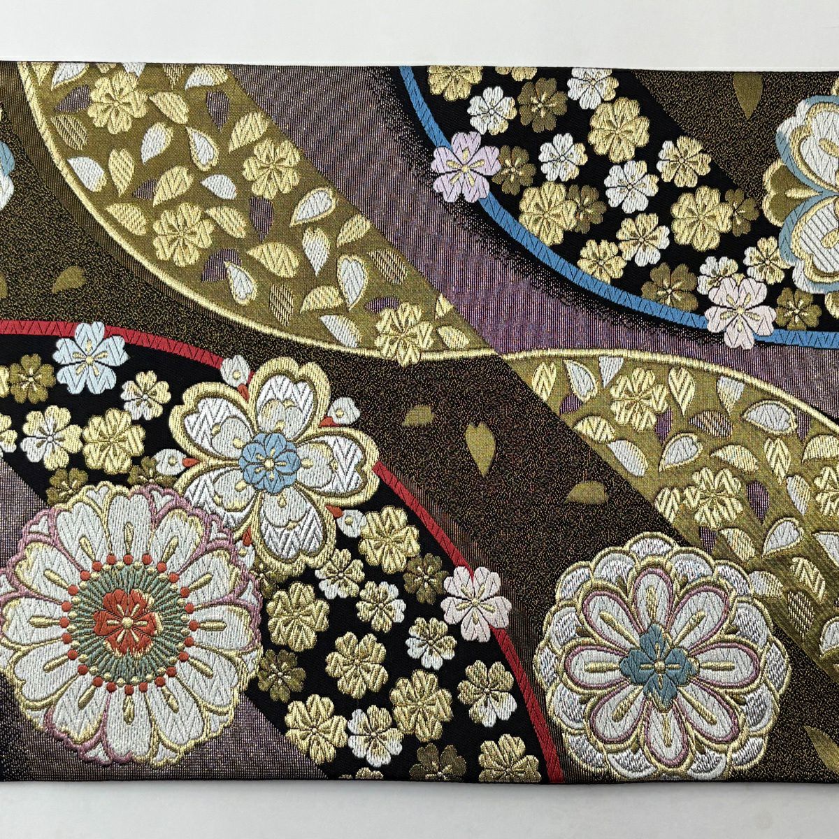 【美品】 袋帶 秀品級 華紋 櫻花 刺繡 金銀彩 黑 六通 純蠶絲