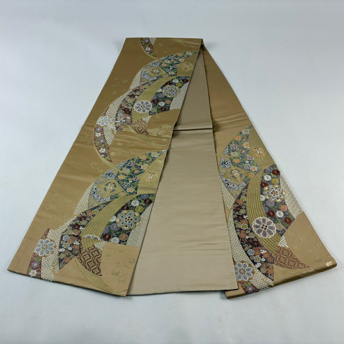 【美品】 袋帶 秀品級 落款あり 華紋 草花紋刺繡 金糸 薄茶 深藍色 六通 純蠶絲