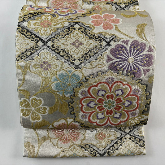 袋帶 秀品級 華紋 櫻花 刺繡 金線 銀 六通 純蠶絲