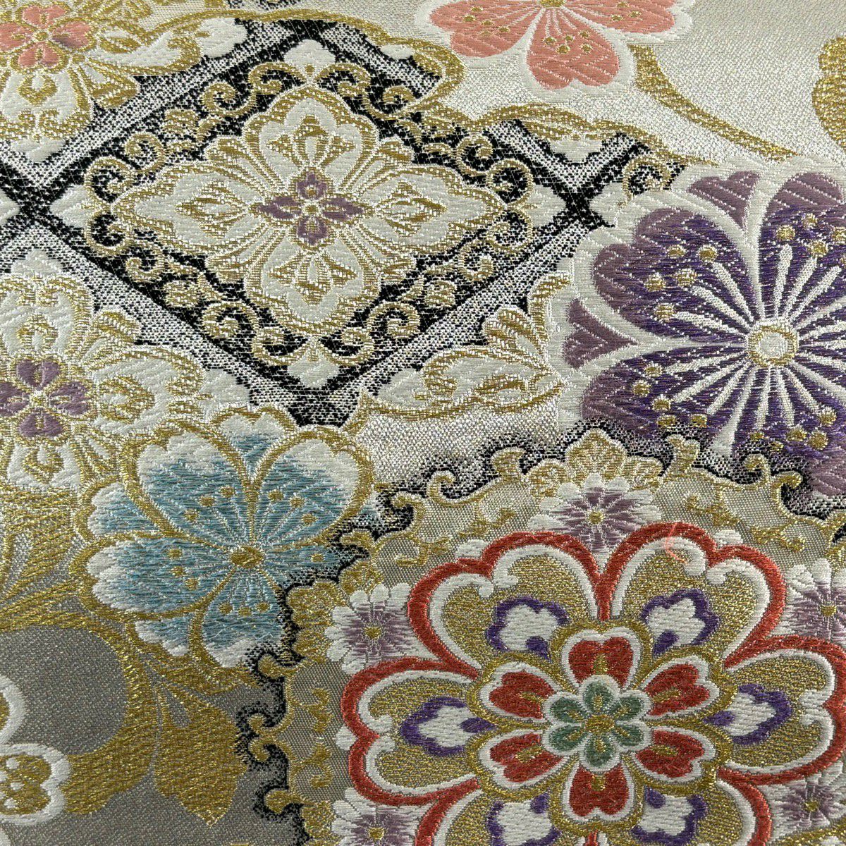 袋帶 秀品級 華紋 櫻花 刺繡 金線 銀 六通 純蠶絲