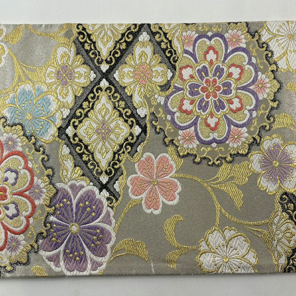 袋帶 秀品級 華紋 櫻花 刺繡 金線 銀 六通 純蠶絲
