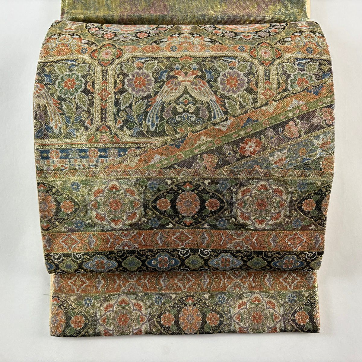 袋帶 秀品級 西都更紗文 金絲 刺繡 灰綠 六通 純蠶絲