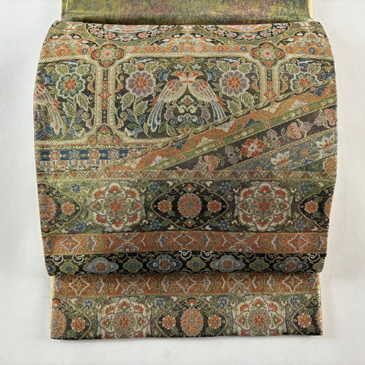 袋帶 秀品級 西都更紗文 金絲 刺繡 灰綠 六通 純蠶絲