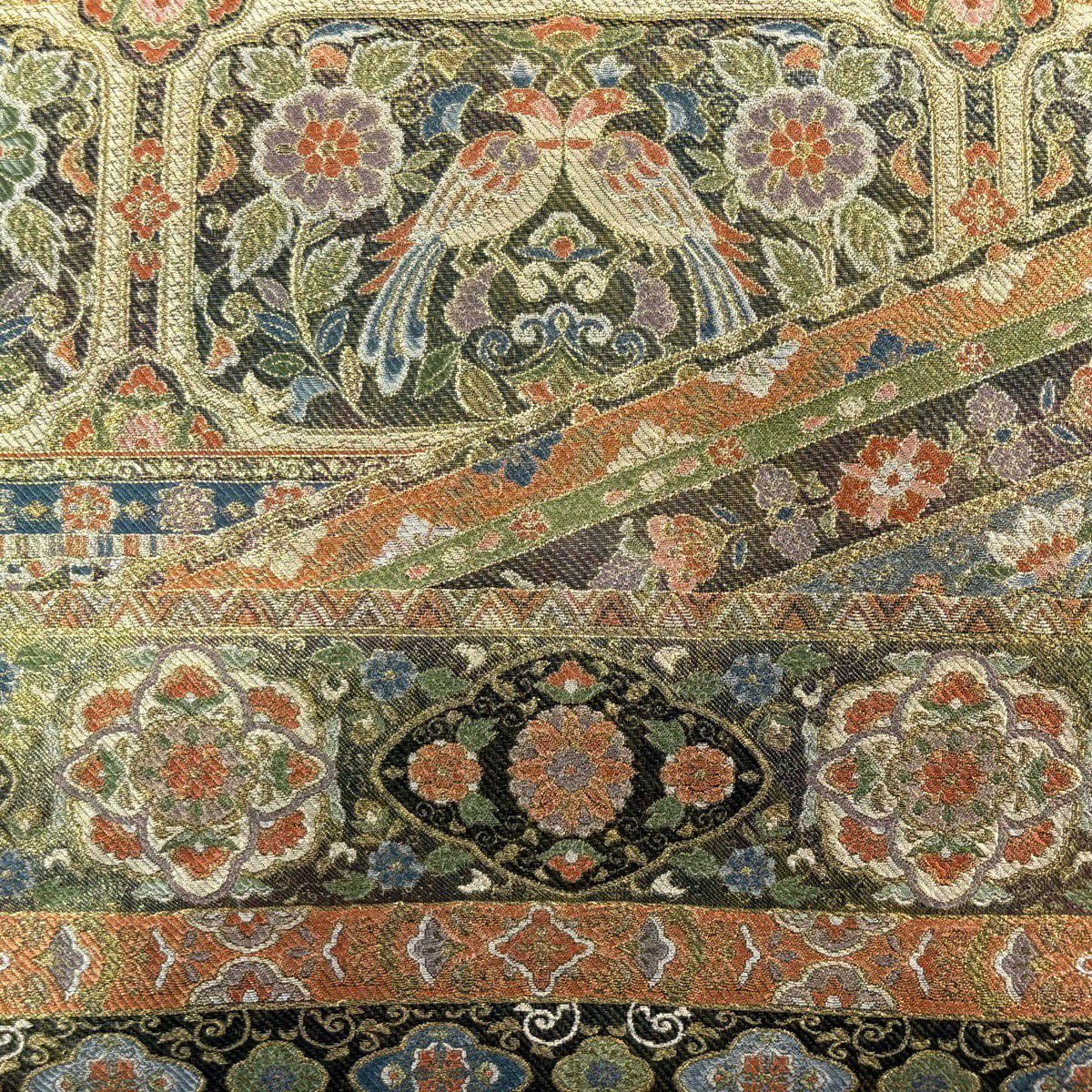 袋帶 秀品級 西都更紗文 金絲 刺繡 灰綠 六通 純蠶絲